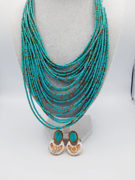 Sky Blue Half moon curve earrings with blue beads necklace - NATASHAHS
