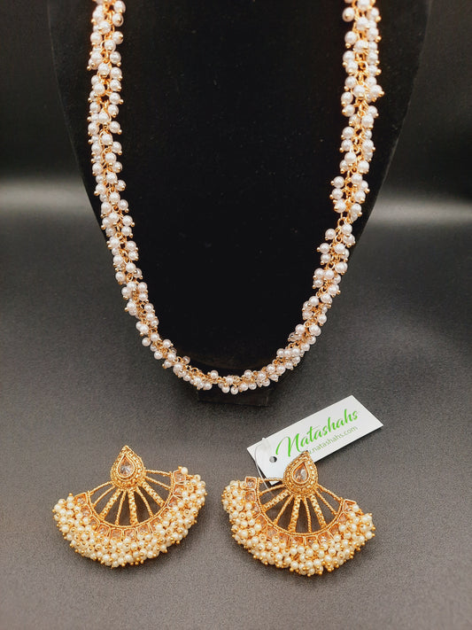 Golden half chrysanthemum gajra beats earrings with heavy beads necklace - NATASHAHS