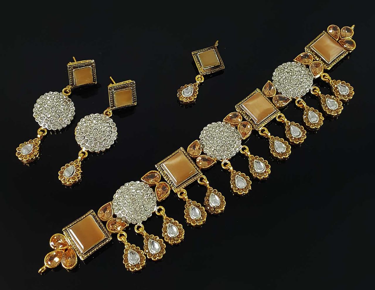 Bridal Jewelry in Golden base with Champagne precious stones - NATASHAHS