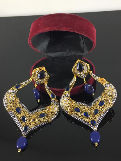 Blue stones Spade Style Earrings with Gold-plated Base - NATASHAHS