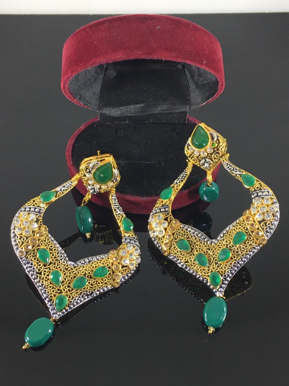 Green stones Spade Style Earrings with Gold-plated Base - NATASHAHS