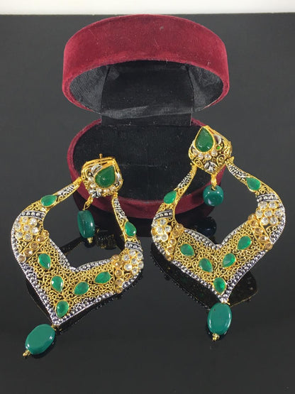 Green stones Spade Style Earrings with Gold-plated Base - NATASHAHS