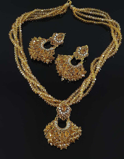 Trapezoid Feerozi Crystals & pearls Earrings & Pendant Set - NATASHAHS
