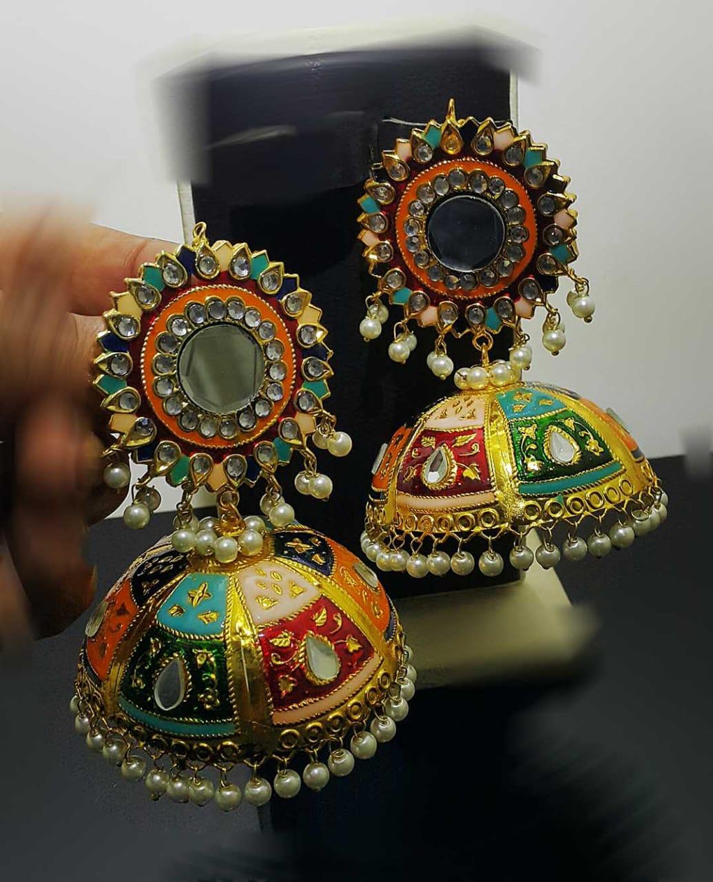 Full moon round colorful meena Jhumkay with handwork and pearls - NATASHAHS