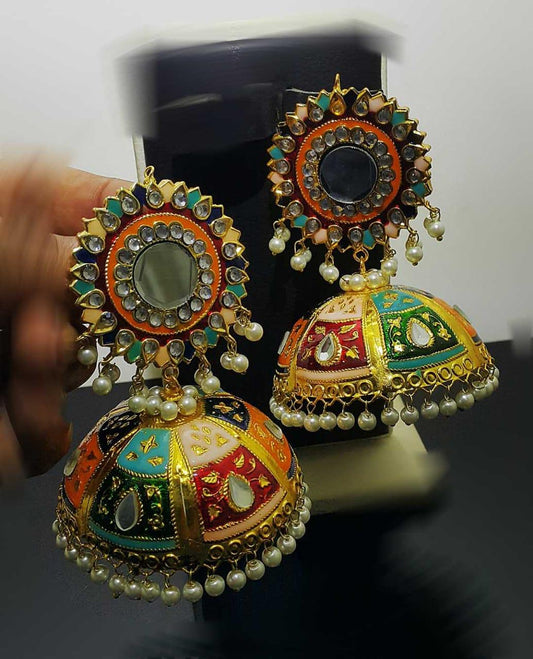 Full moon round colorful meena Jhumkay with handwork and pearls - NATASHAHS