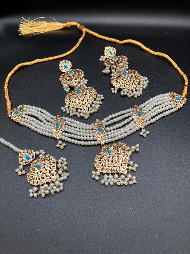 Hyderabadi style White pearls jewelry set with choker and anarkali earrings - NATASHAHS