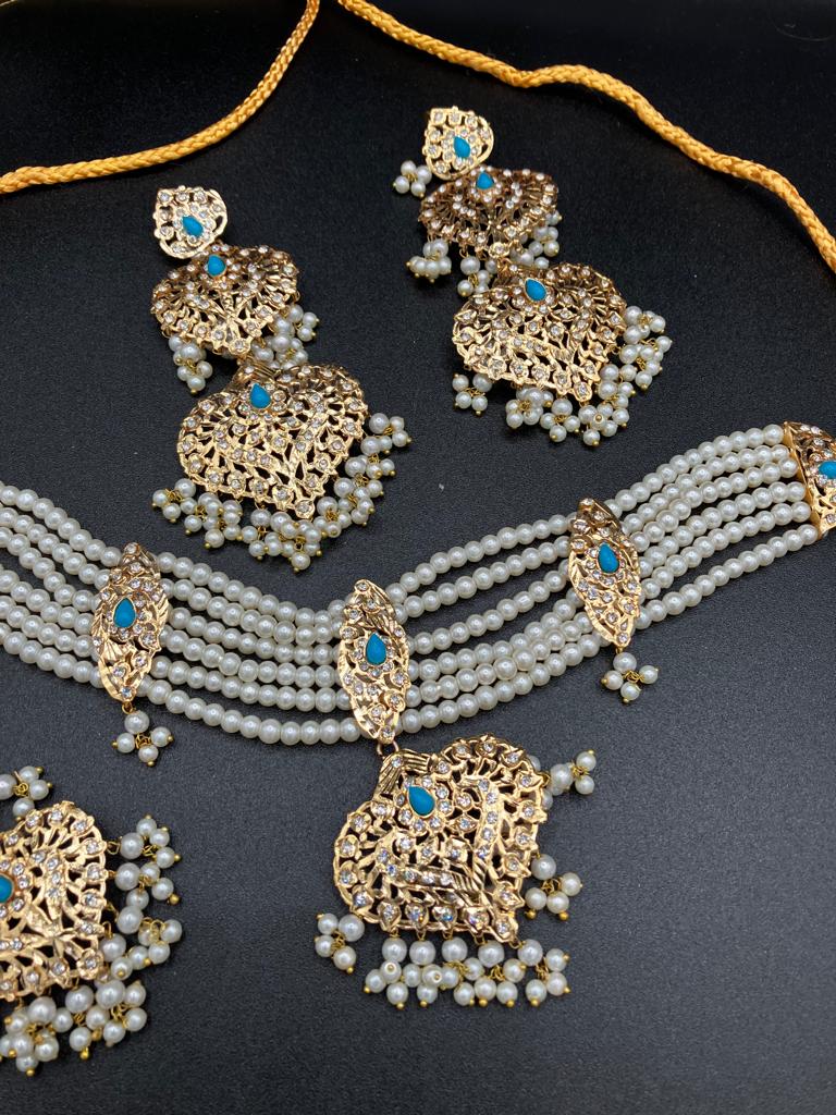 Hyderabadi style White pearls jewelry set with choker and anarkali earrings - NATASHAHS