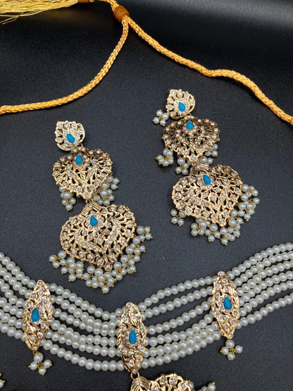 Hyderabadi style White pearls jewelry set with choker and anarkali earrings - NATASHAHS