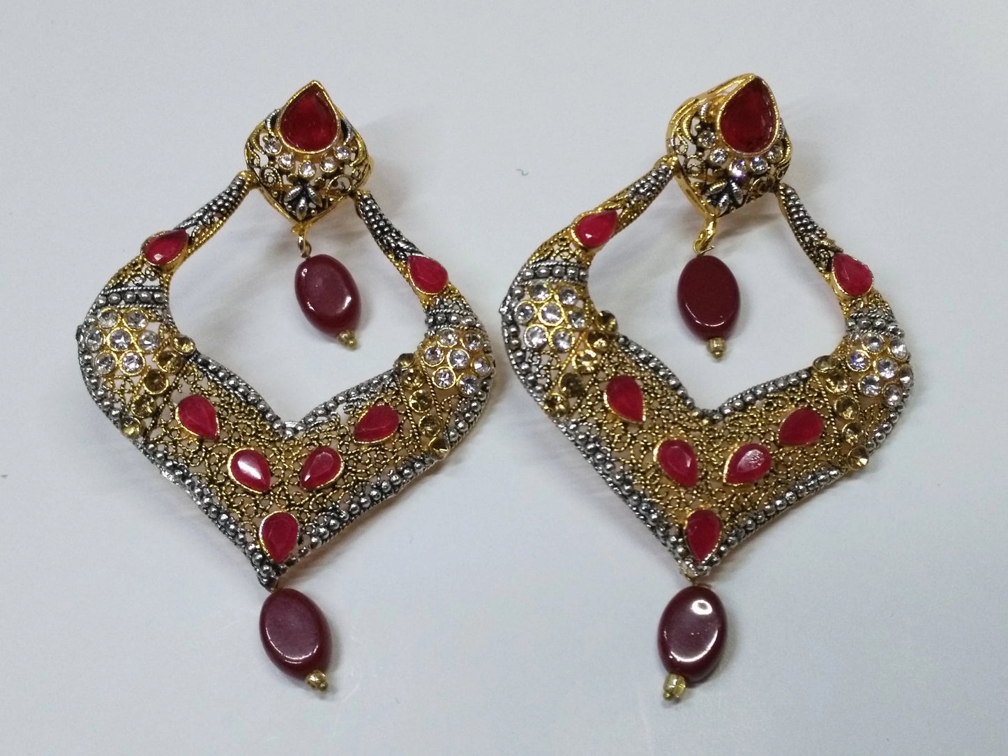 Red stones Spade Style Earrings with Gold-plated Base - NATASHAHS