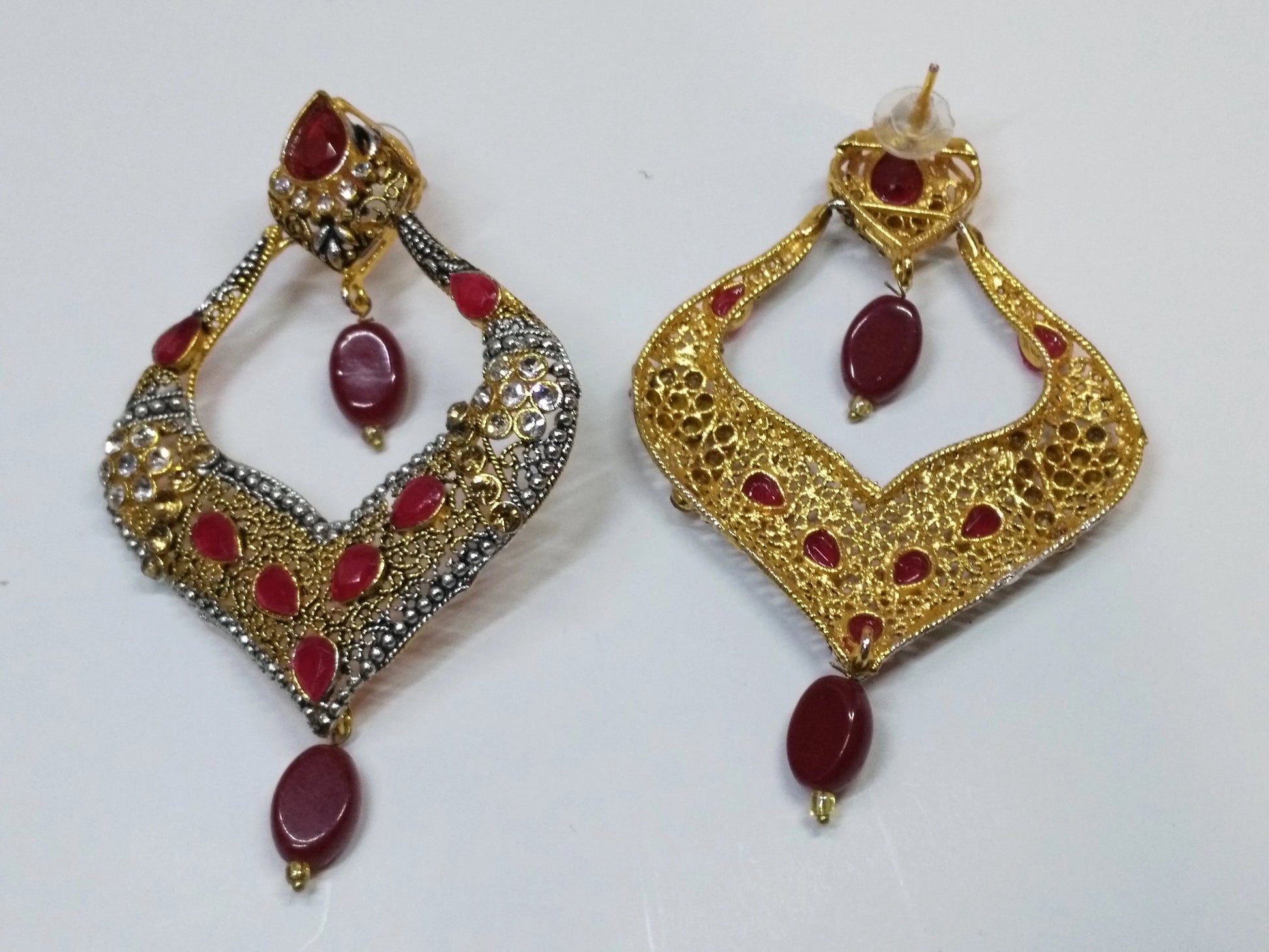 Red stones Spade Style Earrings with Gold-plated Base - NATASHAHS