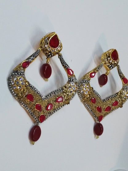 Red stones Spade Style Earrings with Gold-plated Base - NATASHAHS
