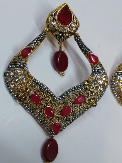 Red stones Spade Style Earrings with Gold-plated Base - NATASHAHS