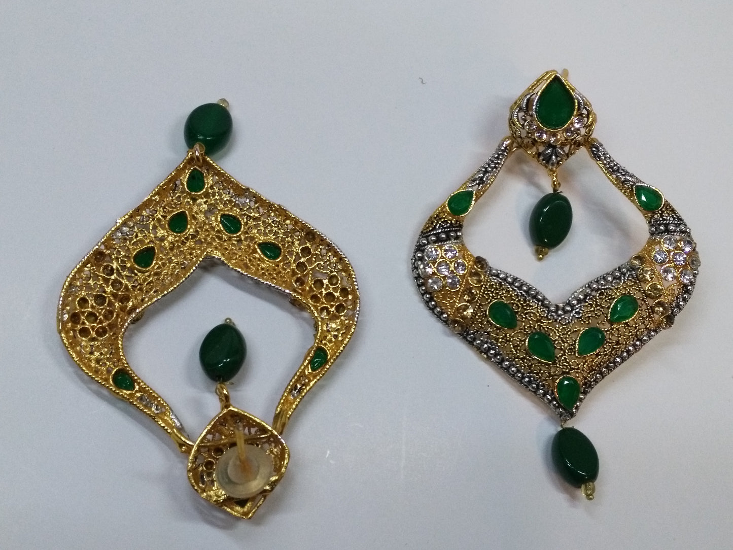 Green stones Spade Style Earrings with Gold-plated Base - NATASHAHS