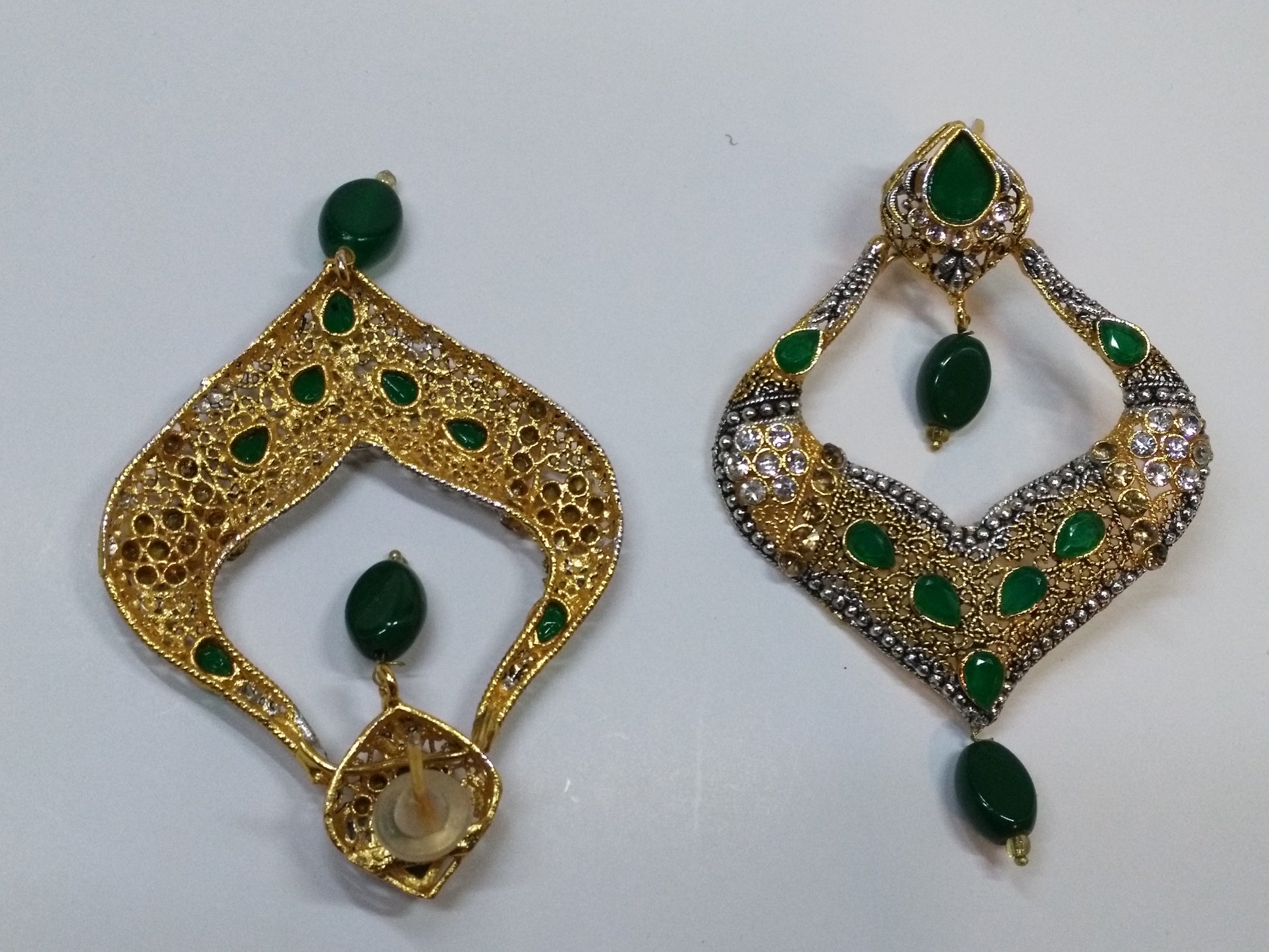 Green stones Spade Style Earrings with Gold-plated Base - NATASHAHS