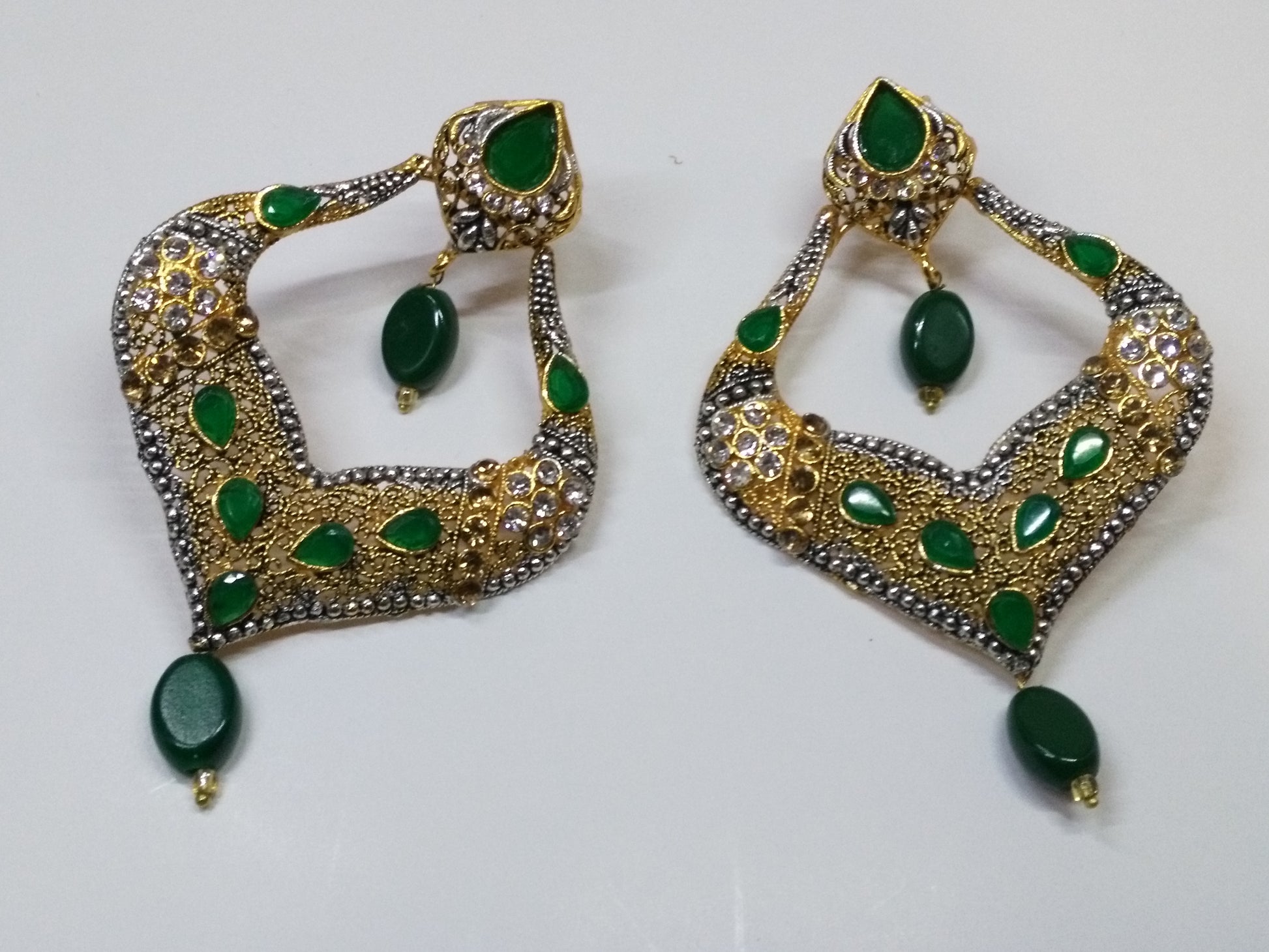 Green stones Spade Style Earrings with Gold-plated Base - NATASHAHS