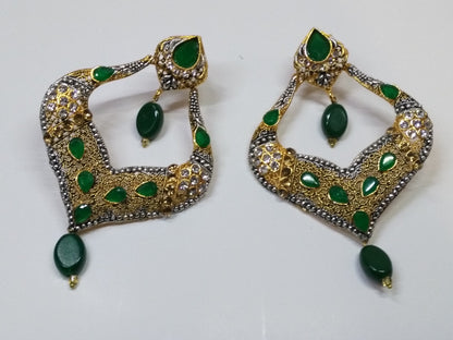 Green stones Spade Style Earrings with Gold-plated Base - NATASHAHS