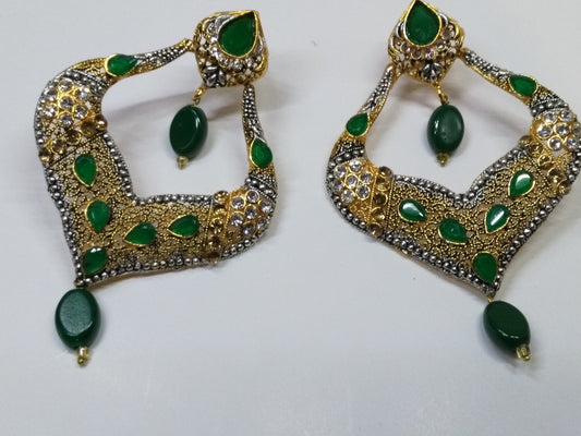 Green stones Spade Style Earrings with Gold-plated Base - NATASHAHS