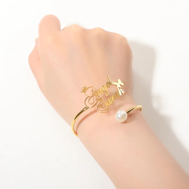 Personalized Pearl Name Bangles For Women Fashion Jewelry Stainless Steel Customized Adjustable Bracelets & Bangles Party Gifts - NATASHAHS