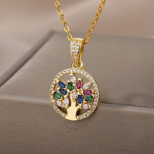 Tree of Life Necklace for Women Stainless Steel Long Chain Pendants Necklaces 2023 Trend Choker Aesthetic Jewelry collares mujer