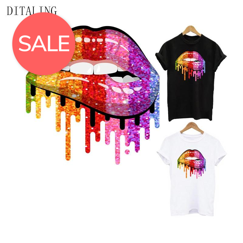 Lips Patches Rainbow Lips Thermal Sticker Iron On Transfers Fashion Girl DIY T-Shirt Tops Patch Heat Transfer Stickers Appliqued - NATASHAHS