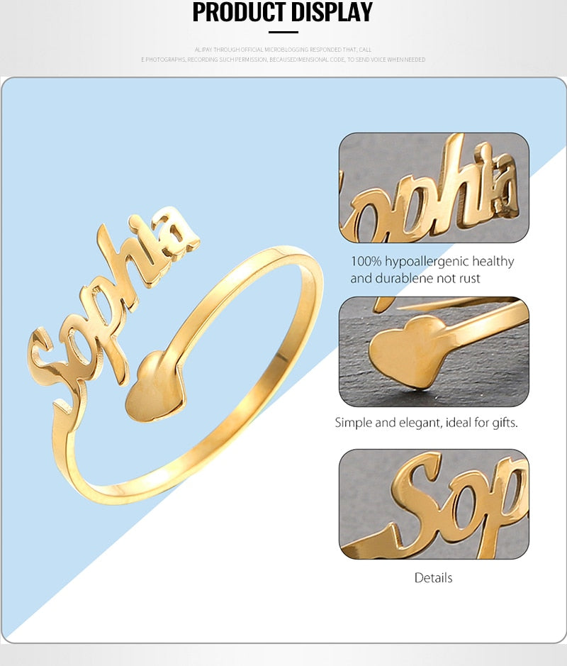 Adjustable Custom Ring Personalized Letter Heart Name Rings Stainless Steel - NATASHAHS