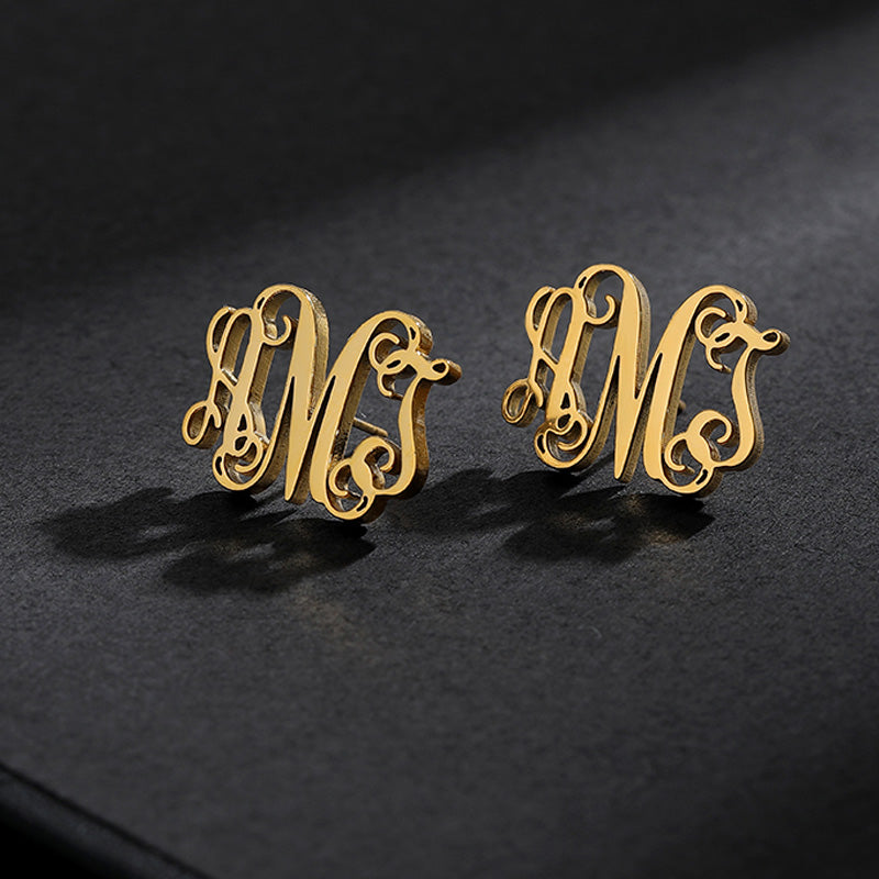 Initial Letter Earning Stainless Steel Earning Personalized Monogram Name Stud Earrings - NATASHAHS