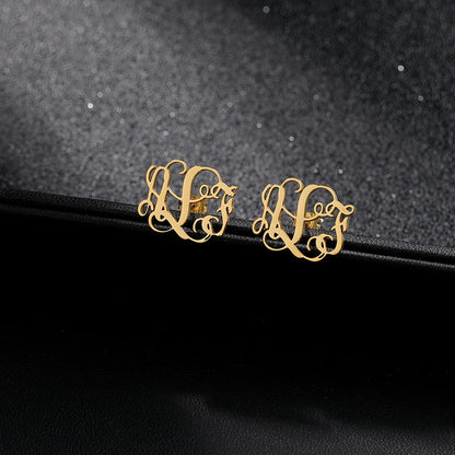 Initial Letter Earning Stainless Steel Earning Personalized Monogram Name Stud Earrings - NATASHAHS