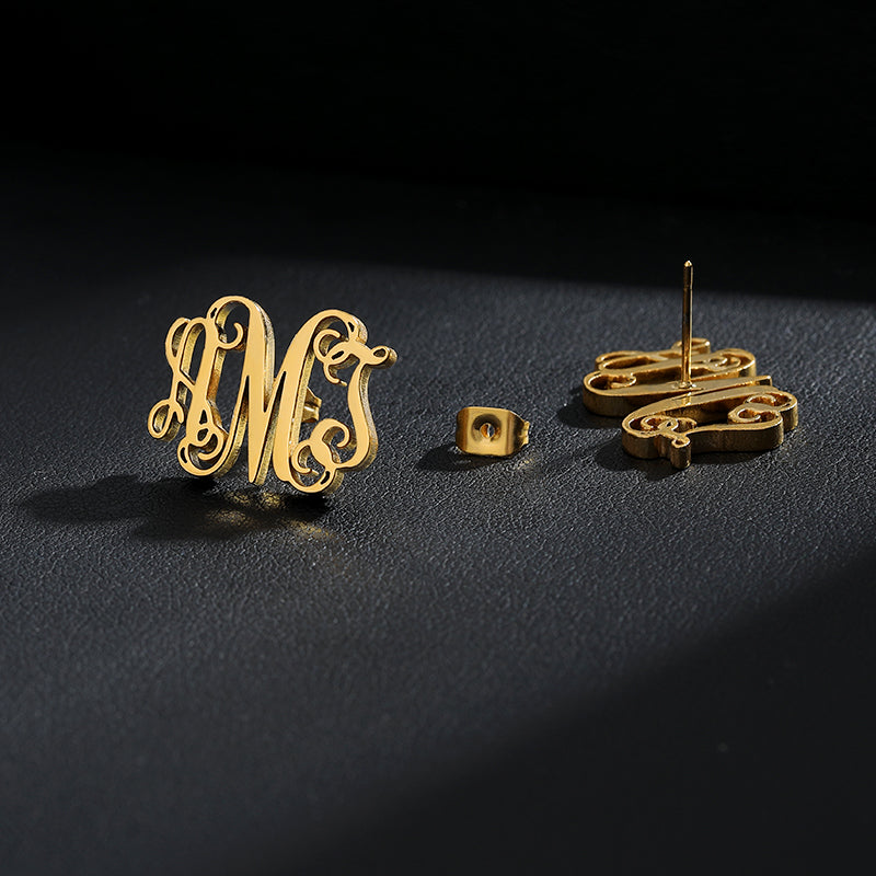 Initial Letter Earning Stainless Steel Earning Personalized Monogram Name Stud Earrings - NATASHAHS
