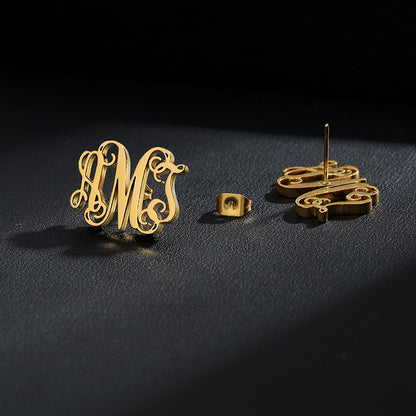 Initial Letter Earning Stainless Steel Earning Personalized Monogram Name Stud Earrings - NATASHAHS