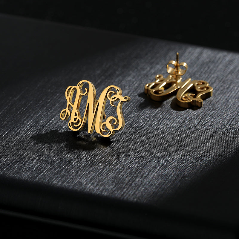 Initial Letter Earning Stainless Steel Earning Personalized Monogram Name Stud Earrings - NATASHAHS