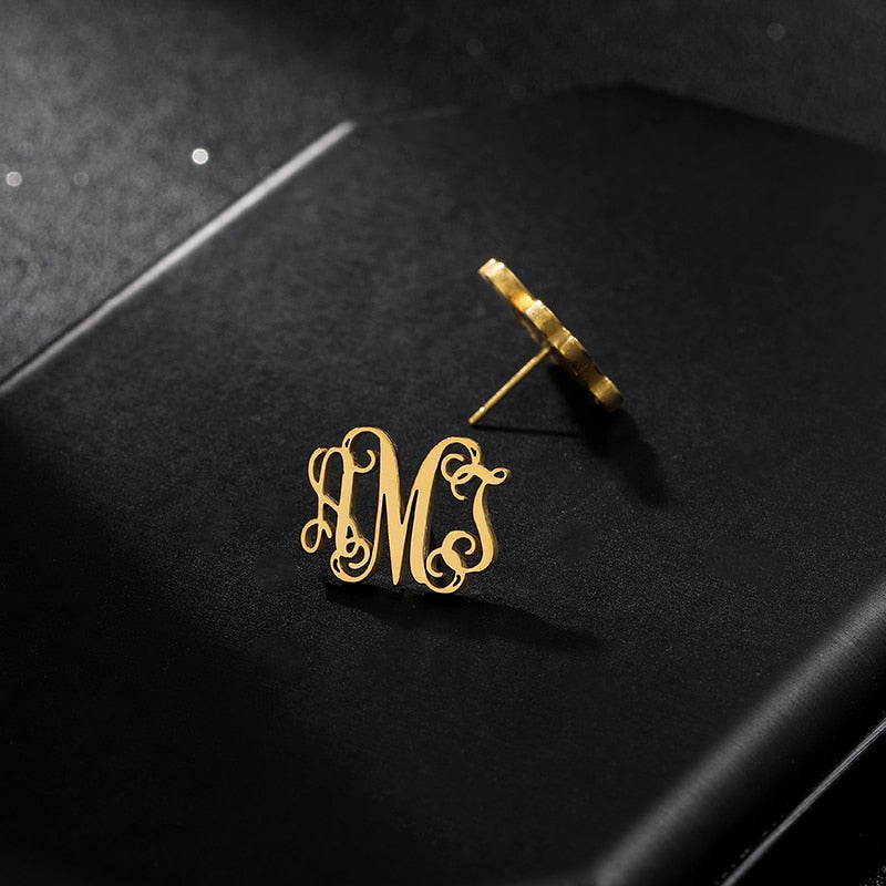 Initial Letter Earning Stainless Steel Earning Personalized Monogram Name Stud Earrings - NATASHAHS