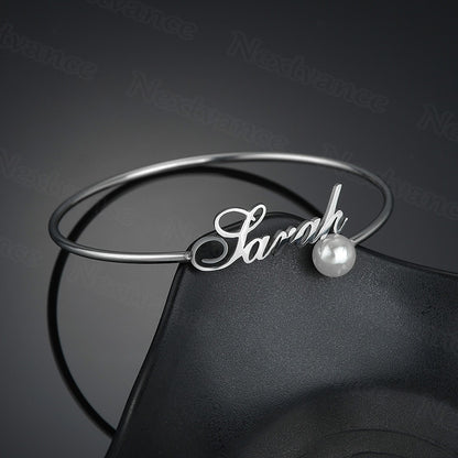 Personalized Name Charm Adjustable Gold Bracelet with Pearl for Lovers - NATASHAHS