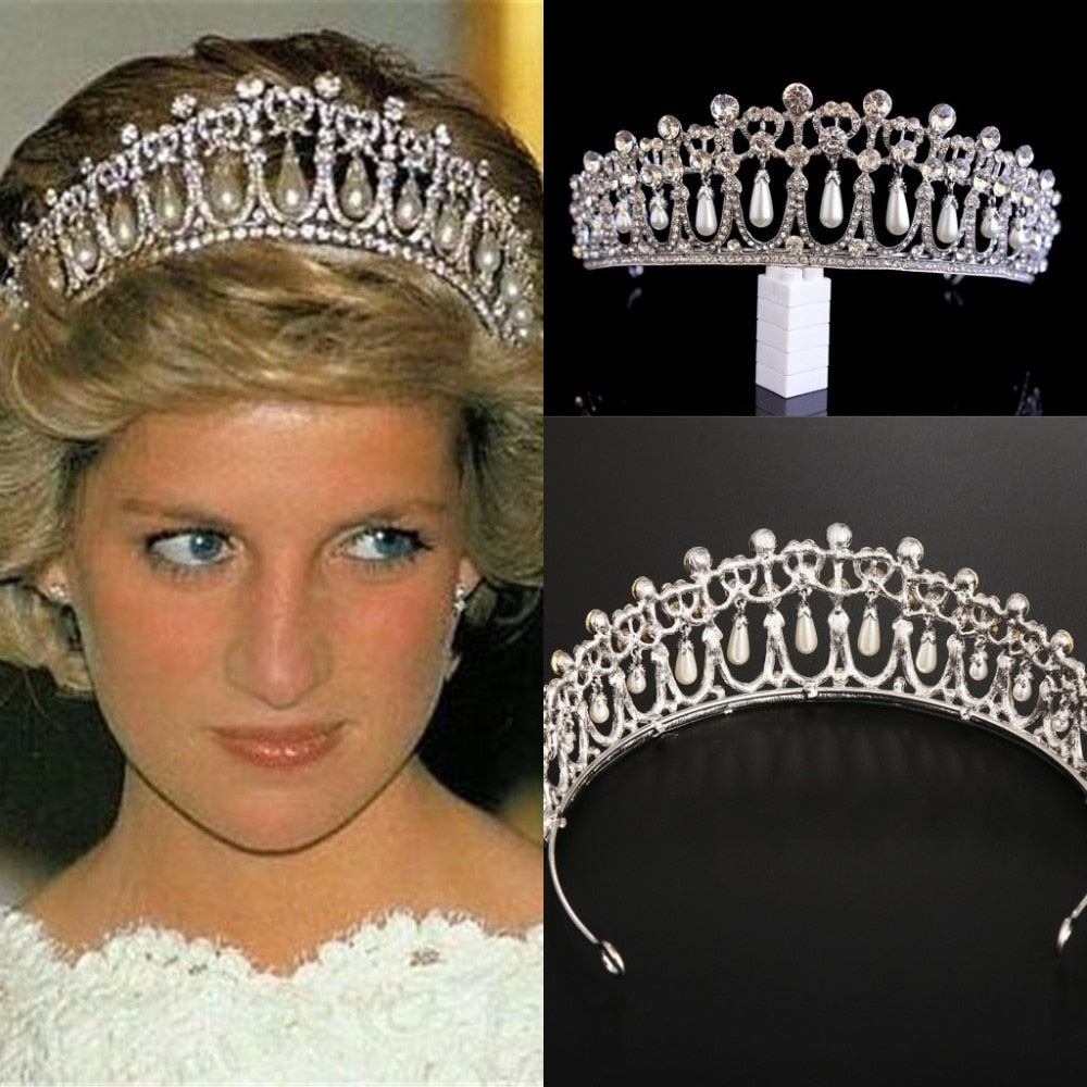 Vintage Silver Plated Queen Princess Diana Crown Crystal Pearl Diadem For Bridal Hair Accessories Bride Headbands Tiara De Noiva - NATASHAHS