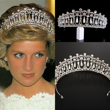 Vintage Silver Plated Queen Princess Diana Crown Crystal Pearl Diadem For Bridal Hair Accessories Bride Headbands Tiara De Noiva - NATASHAHS