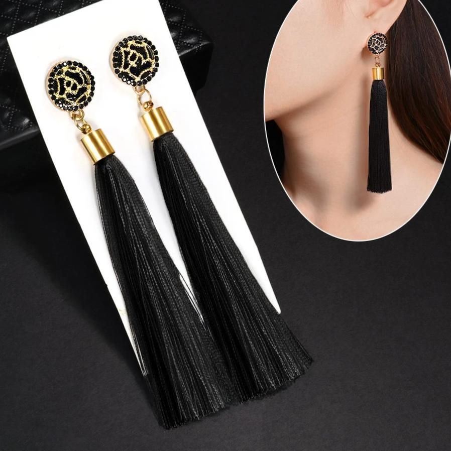 Fashion Bohemian Tassel Crystal Long Earrings Black Red Silk Fabric Drop Dangle Tassel Earrings For Women - NATASHAHS