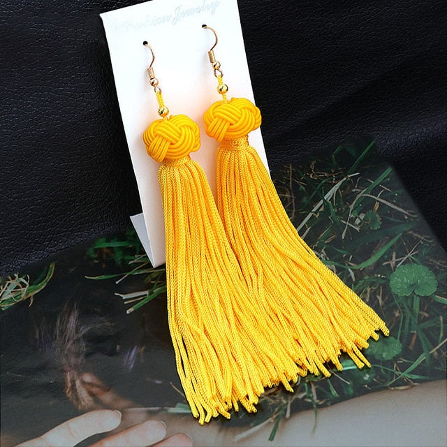 Fashion Bohemian Tassel Crystal Long Earrings Black Red Silk Fabric Drop Dangle Tassel Earrings For Women - NATASHAHS