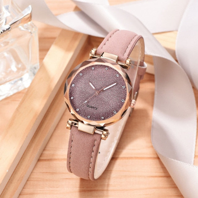 Natashahs Casual Women Romantic Starry Sky Wrist Watch bracelet Leather Rhinestone Designer Ladies Clock Simple Dress Gfit  Montre Femme - NATASHAHS
