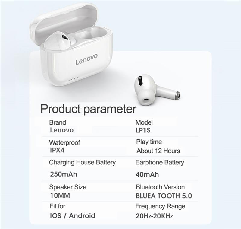 Écouteurs Bluetooth Lenovo LP1S Stéréo HD Suppression de Bruit Casque sans fil Sport TWS Écouteurs intra-auriculaires HiFi avec micro