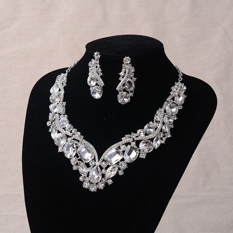 Luxury Rhinestone Wedding Jewelry Sets Earrings Geometric Crystal Statement Necklace Set for Bride African Bridal Jewelry Sets - NATASHAHS